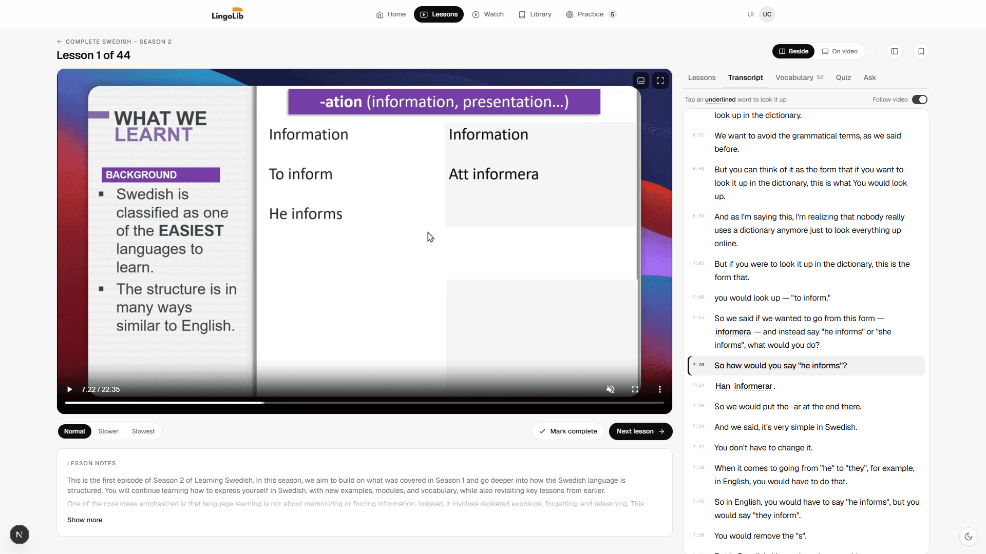 Lingolib: a lesson beside its synced transcript